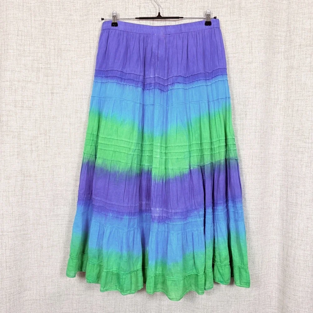 Tie Dye Cotton Gauze Tiered Maxi Skirt Sz M Ombre Boho Hippie Festival Peasant‎